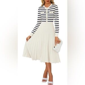 Casual Long Sleeve Striped Crewneck Button Swing Pleated Knit A Line Dresses